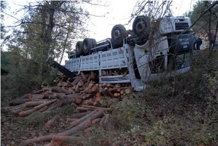 Tomruk yüklü tır devrildi: 2 yaralı